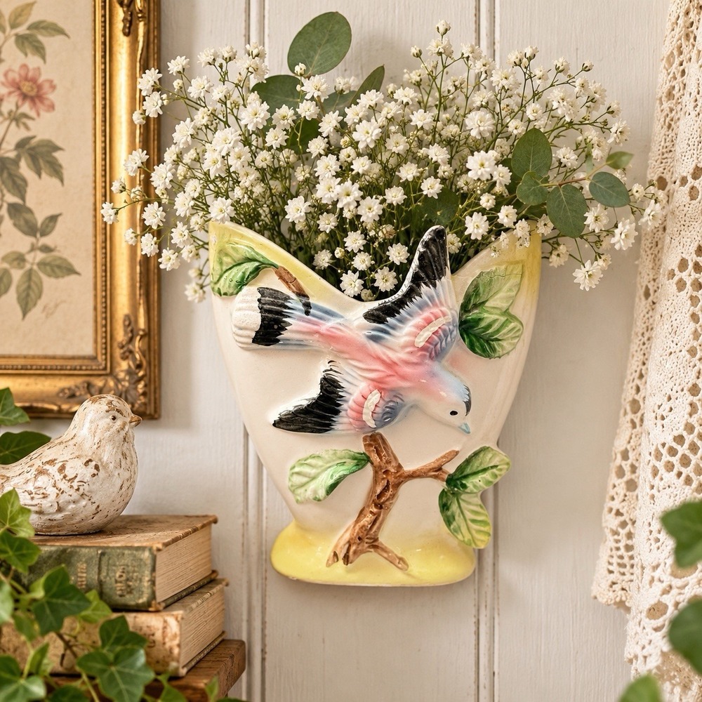 1950's Vintage Dee Bee Co Japan Bird Wall Pocket Planter 8" Cottagecore Ceramic